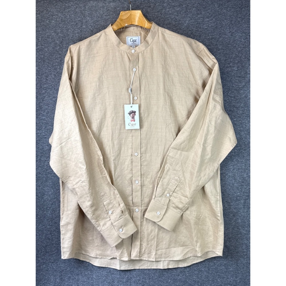 Cigar Couture Linen Shirt Mens 4XL Tan New Band Collar Long Sleeve‎ Big NWT $129